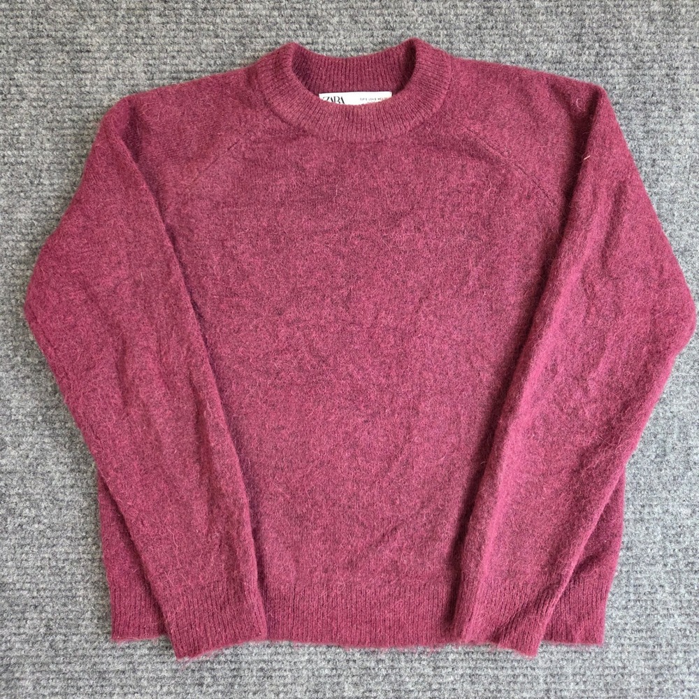 Zara Alpaca Wool Blend Crewneck Sweater Burgundy Wine Red Small Raglan Sleeve
